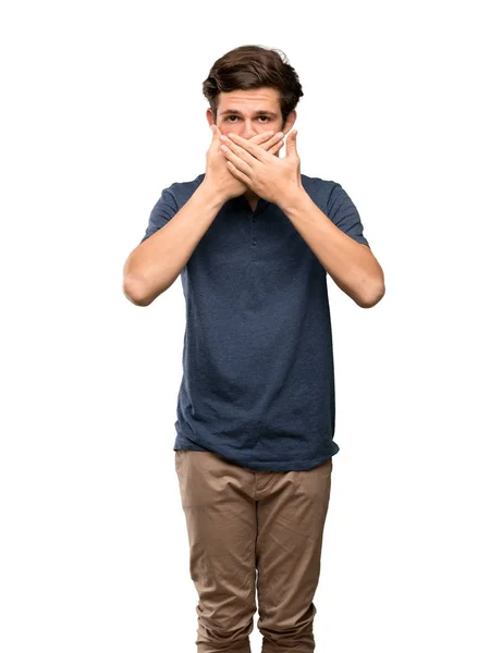 Teenager Mann Der Mund Mit Händen Bedeckt Weil Etwas Unangemessenes — Stockfoto
