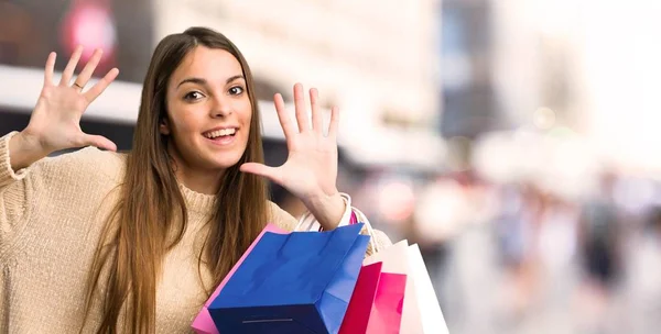 Young Girl Shopping Bags Counting Ten Fingers City — Stock Photo, Image