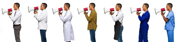 Set Doctor Barber Businessman Shouting Megaphone Announce Something Lateral Position — Stock Photo, Image