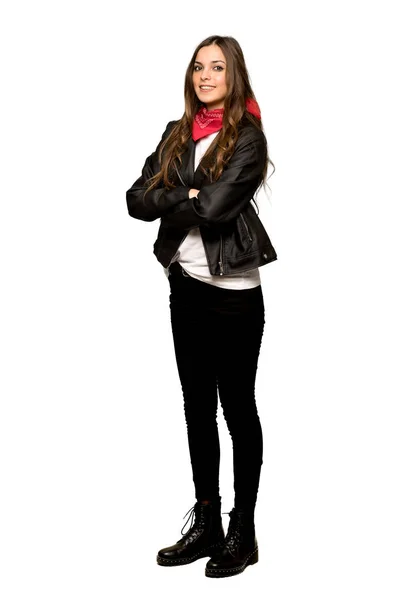 Full Length Shot Young Woman Leather Jacket Arms Crossed Looking — Stock Photo, Image