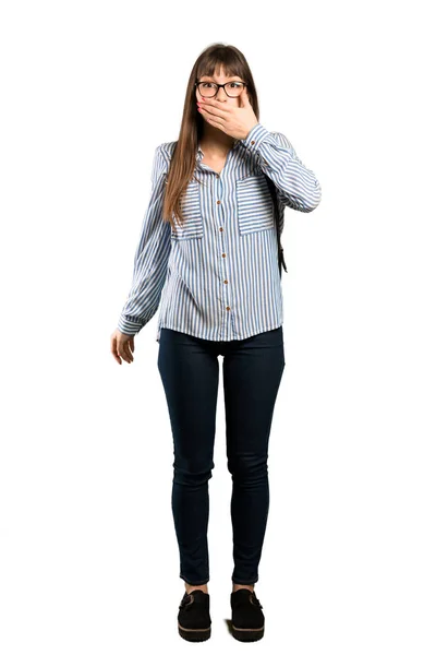 Full Length Shot Woman Glasses Covering Mouth Hands Saying Something — Stock Photo, Image