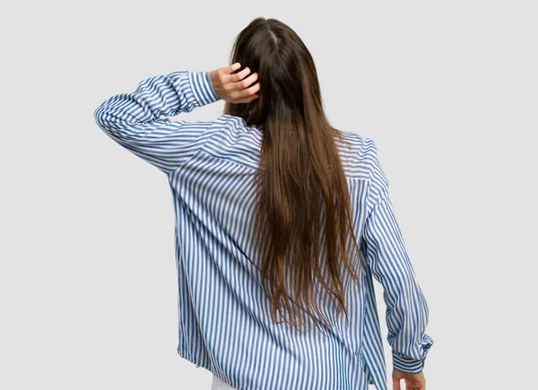 Young Girl Striped Shirt Back Position Looking Back While Scratching — Stock Photo, Image