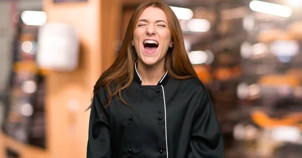 Young Redhead Chef Woman Shouting Front Mouth Wide Open Bakery — Stock Photo, Image