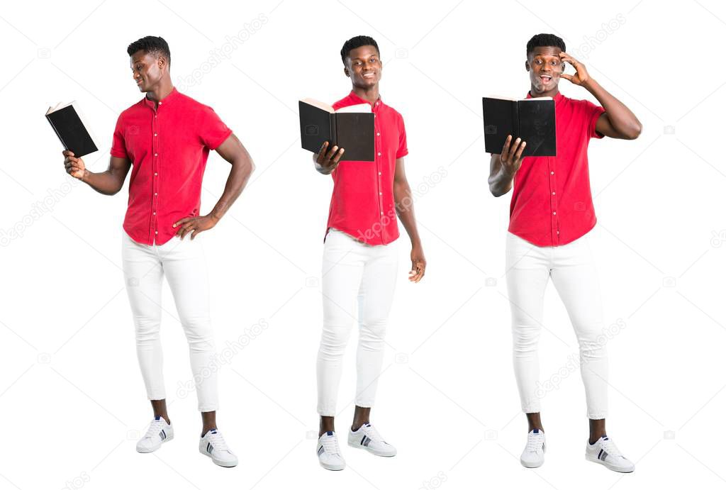 Set of Young african american man holding a book and surprised while enjoying reading