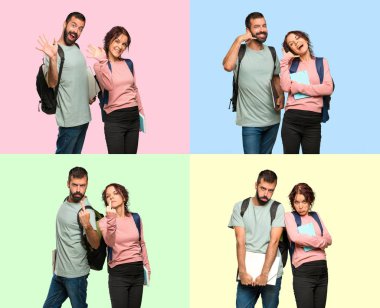 Sırt çantaları ve telefon jest, üzgün ve Selam yapma kitaplar ile iki öğrenci kümesi