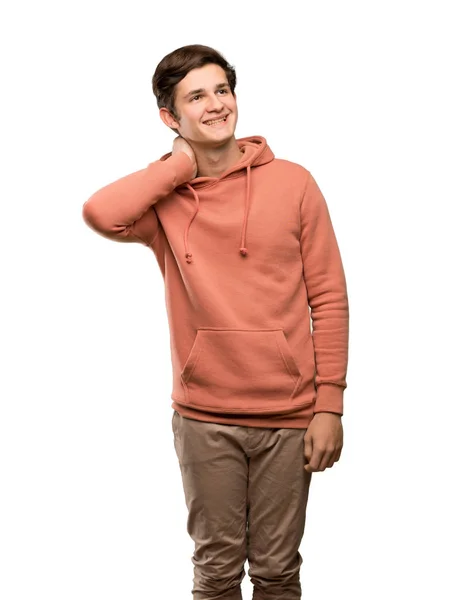 Teenager Mann Mit Sweatshirt Denkt Eine Idee Während Kopf Über — Stockfoto