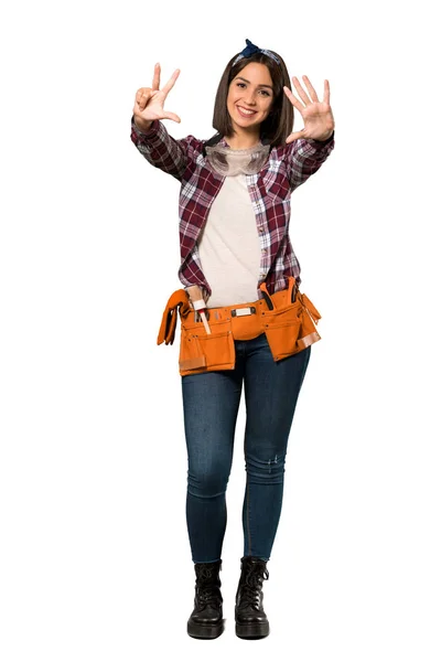 Повнометражний Знімок Молодої Робочої Жінки Рахує Вісім Пальцями Над Ізольованим — стокове фото