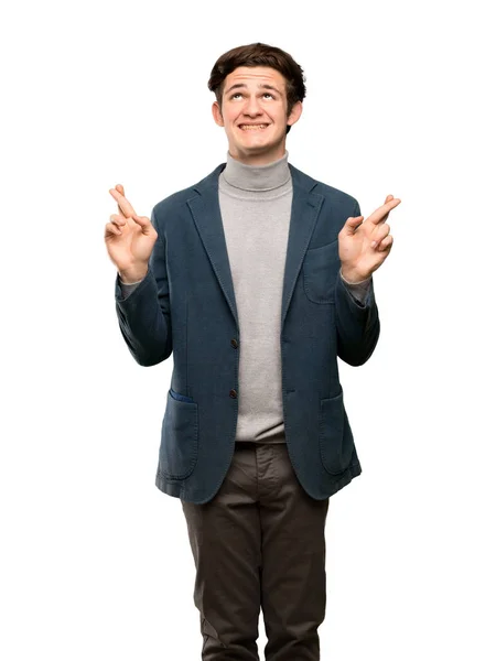 Adolescente Homem Com Gola Alta Com Dedos Cruzando Desejando Melhor — Fotografia de Stock