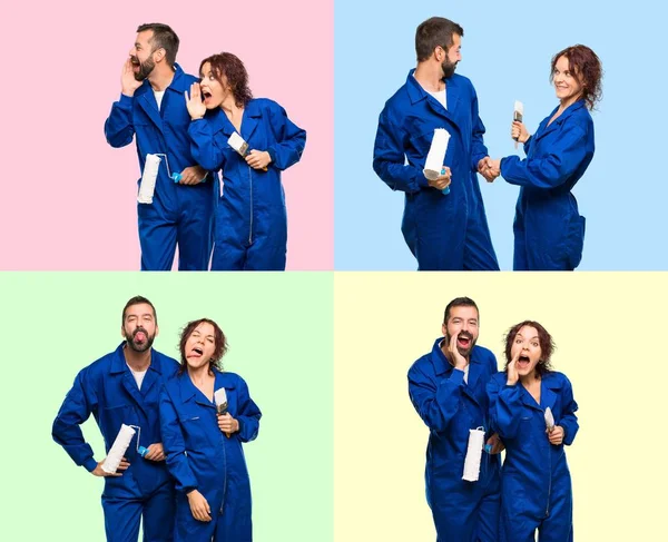 Conjunto Pintores Apertando Mãos Gritando Fazendo Uma Piada Sobre Fundo — Fotografia de Stock