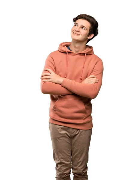 Teenager Man Sweatshirt Looking While Smiling Isolated White Background — Stock Photo, Image