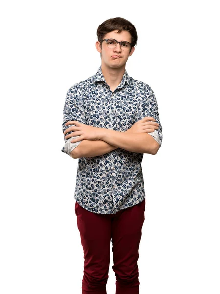 Homme Adolescent Avec Chemise Fleurs Lunettes Avec Expression Visage Confus — Photo