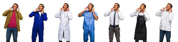 Conjunto Médico Peluquero Empresario Escuchando Música Con Auriculares —  Fotos de Stock