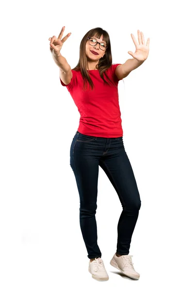 Shot Cuerpo Entero Mujer Con Gafas Contando Siete Con Los —  Fotos de Stock