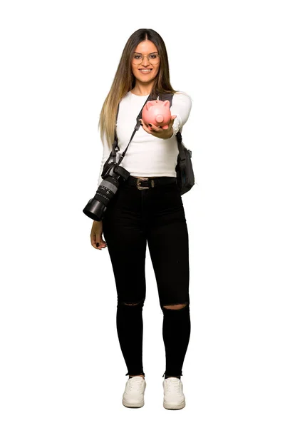 Full Body Young Photographer Woman Holding Big Piggybank — Stock Photo, Image