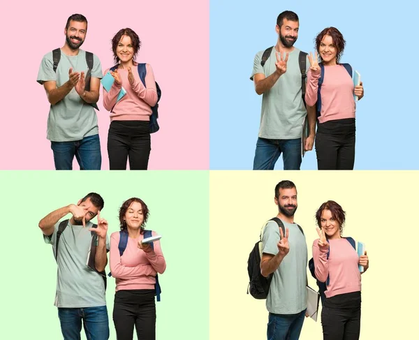 Set of Two students with backpacks and books counting two and three, and focusing