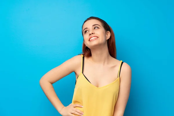 Young Redhead Woman Blue Background Smiling — Stock Photo, Image