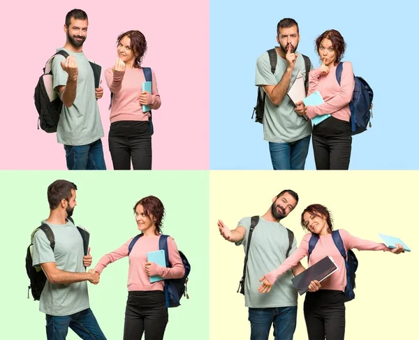 Set of Two students with backpacks and books showing a sign of silence gesture, deal and coming