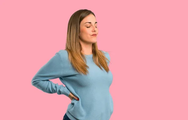 Blonde Woman Blue Shirt Suffering Backache Having Made Effort Isolated — Stock Photo, Image