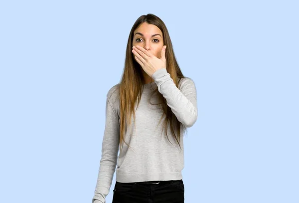 Young Girl Covering Mouth Hands Saying Something Inappropriate Blue Background — Stock Photo, Image