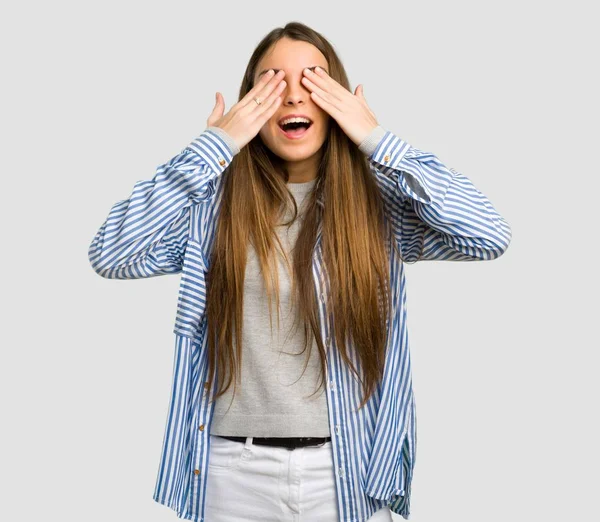 Young Girl Striped Shirt Covering Eyes Hands Surprised See What — Stock Photo, Image