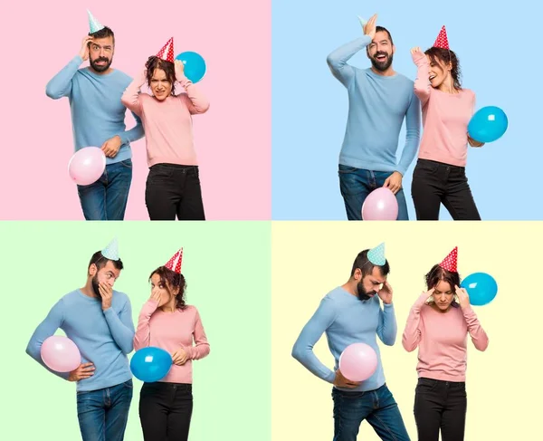 Set of couple with balloons and birthday hats has just realized something and doing frustrated expression