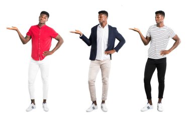 Karanlık kümesi bir reklam eklemek için kopya yer avuç hayali tutan adam derili