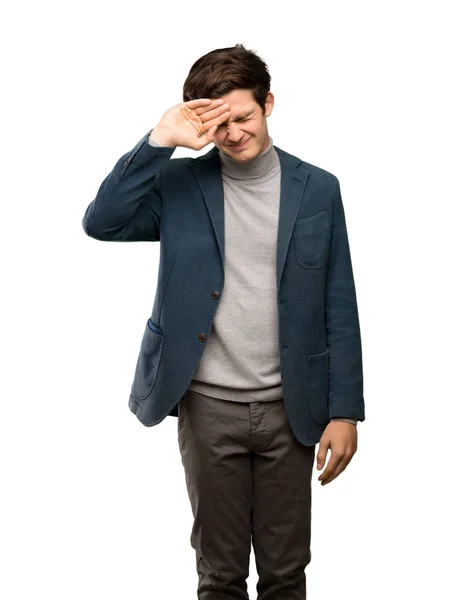 Adolescente Homem Com Gola Alta Com Expressão Cansada Doente Sobre — Fotografia de Stock