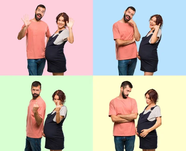 Zestaw Para Kobieta Ciąży Telefon Gest Smutny Pozdrawiając Robi Gest — Zdjęcie stockowe