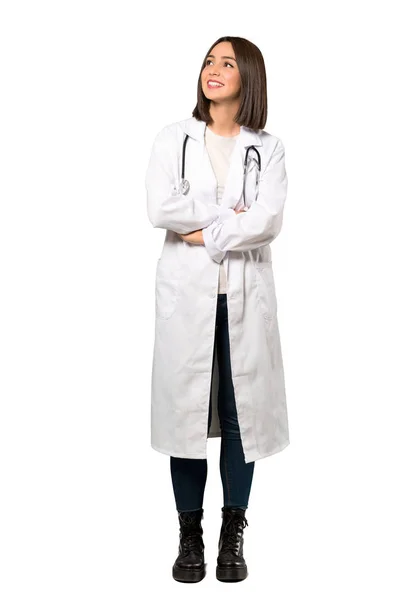 Full Lenght Colpo Giovane Medico Donna Guardando Verso Alto Mentre — Foto Stock