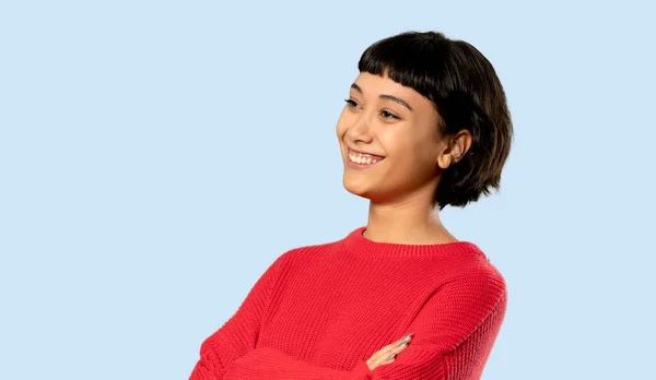 Short Hair Girl Red Sweater Happy Smiling Isolated Blue Background — Stock Photo, Image