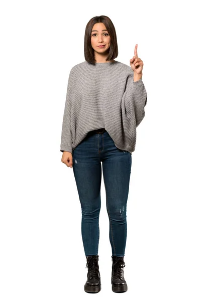 Full Length Shot Young Woman Pointing Index Finger Great Idea — Stock Photo, Image