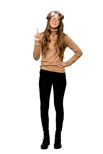 Full Length Shot Young Woman Beret Showing Lifting Finger Sign — Stock Photo, Image