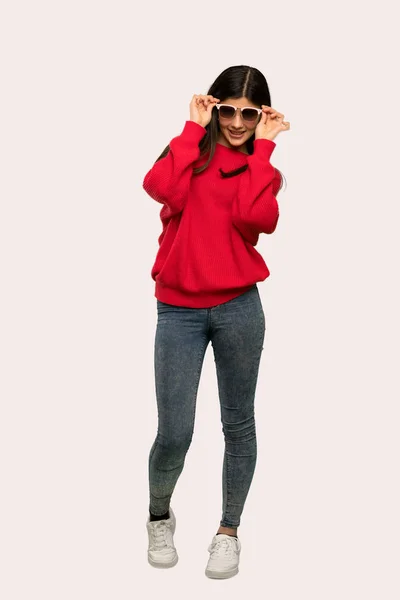 Full Length Shot Teenager Girl Red Sweater Glasses Surprised Isolated — Stock Photo, Image