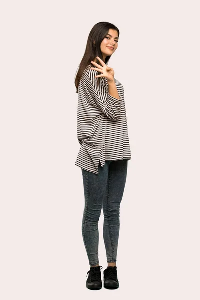 Full Length Shot Teenager Girl Striped Shirt Happy Counting Four — Stock Photo, Image