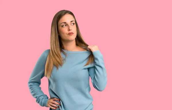 Blonde Woman Blue Shirt Tired Sick Expression Isolated Pink Background — Stock Photo, Image