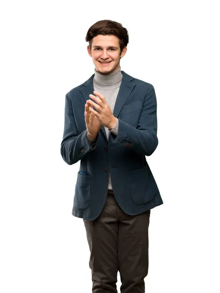 Teenager Man Turtleneck Applauding Presentation Conference Isolated White Background — Stock Photo, Image