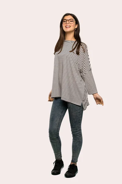 Full Length Shot Teenager Girl Striped Shirt Glasses Happy Isolated — Stock Photo, Image