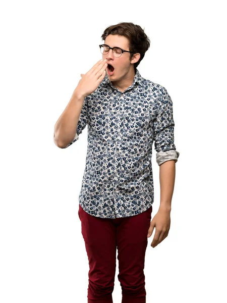 Teenager Man Flower Shirt Glasses Yawning Covering Wide Open Mouth — Stock Photo, Image