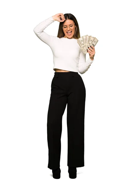 Corpo Inteiro Mulher Bonita Com Óculos Levando Monte Dinheiro — Fotografia de Stock