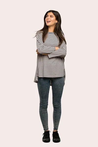 Full Length Shot Teenager Girl Striped Shirt Looking While Smiling — Stock Photo, Image