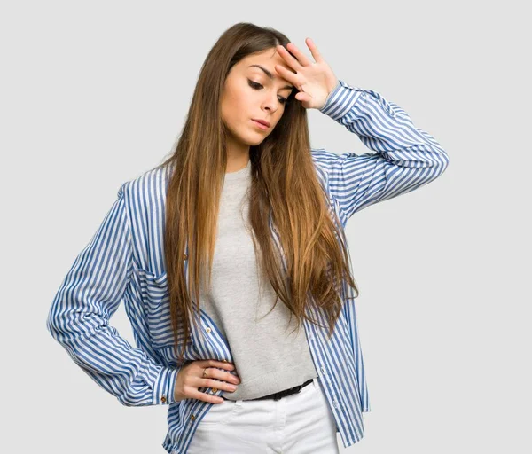 Young Girl Striped Shirt Tired Sick Expression Isolated Grey Background — Stock Photo, Image