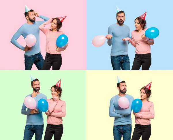 Set of couple with balloons and birthday hats having doubts and with confuse face expression