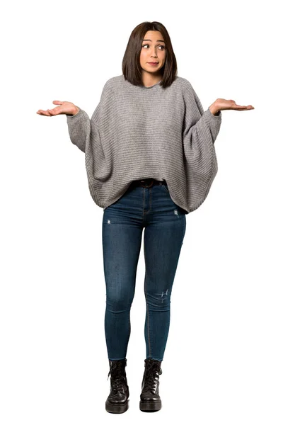 Full Length Shot Young Woman Having Doubts While Raising Hands — Stock Photo, Image