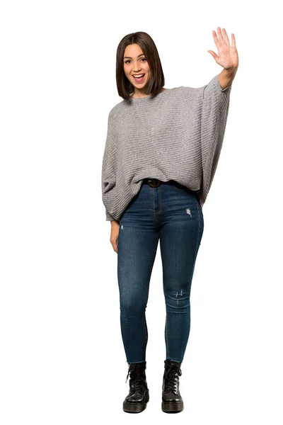 Full Length Shot Young Woman Saluting Hand Happy Expression Isolated — Stock Photo, Image
