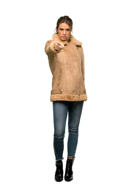 Full Length Shot Blonde Woman Coat Frustrated Pointing Front Isolated — Stock Photo, Image