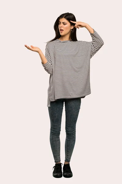 Full Length Shot Teenager Girl Striped Shirt Making Gesture Madness — Stock Photo, Image