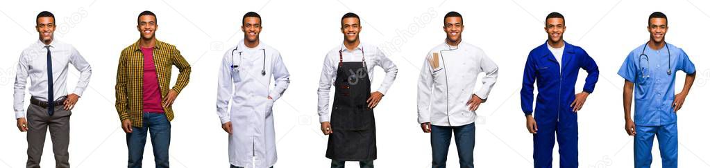 Set of doctor, barber and businessman posing with arms at hip and smiling