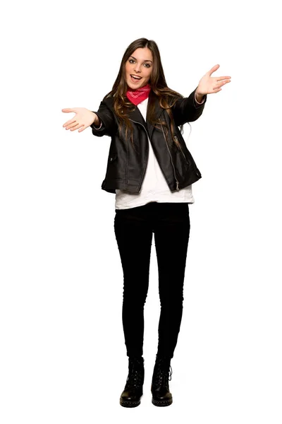 Full Length Shot Young Woman Leather Jacket Presenting Inviting Come — Stock Photo, Image