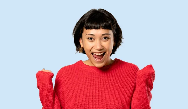 Short Hair Girl Red Sweater Celebrating Victory Winner Position Isolated — Stock Photo, Image