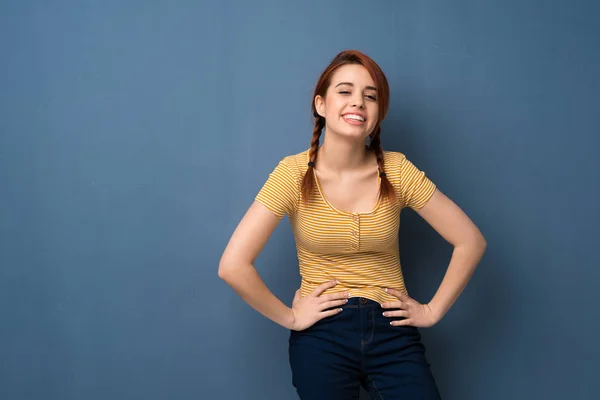 Young Redhead Woman Blue Background Happy Smiling — Stock Photo, Image